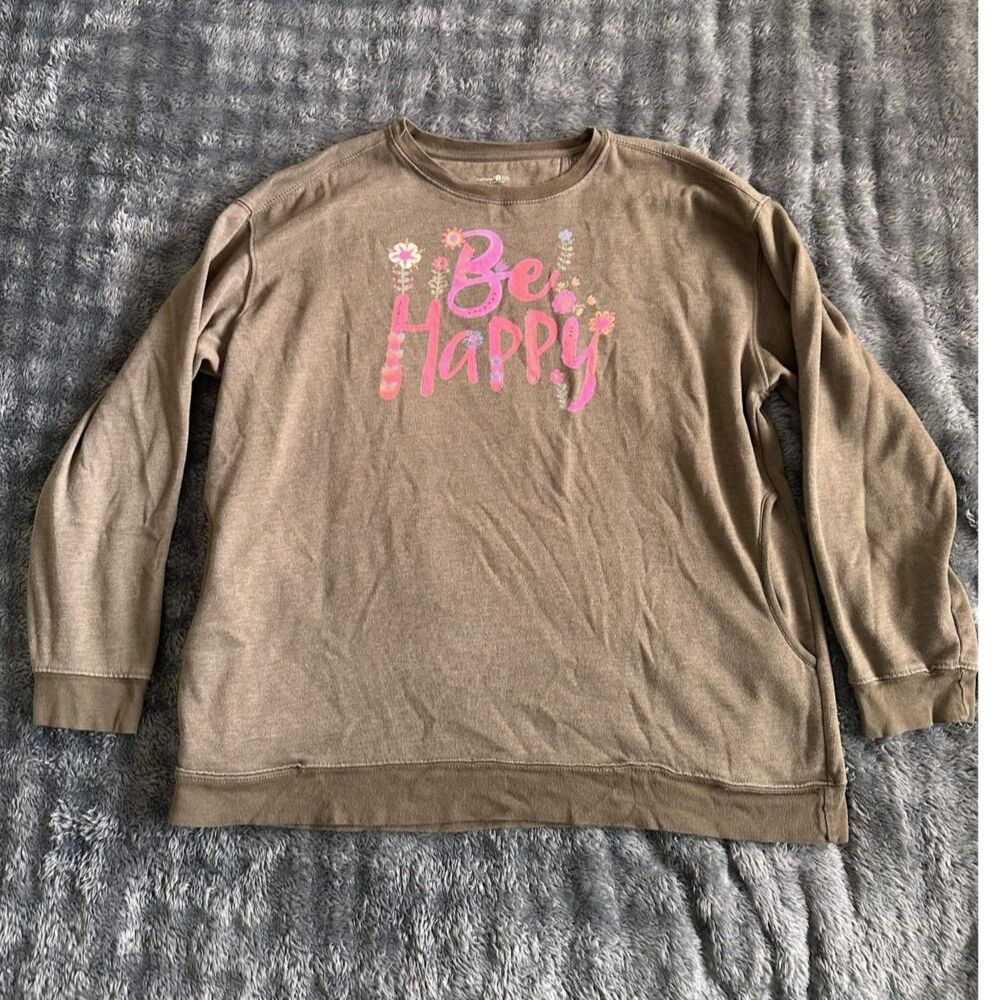 Natural Life Be Happy Comfy Pocket Sweatshirt XL Olive Floral Boho Crewneck